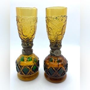 Pair of Miniature Amber Glass Oil Lamp Hong Kong Sail Boat Brand, Vintage